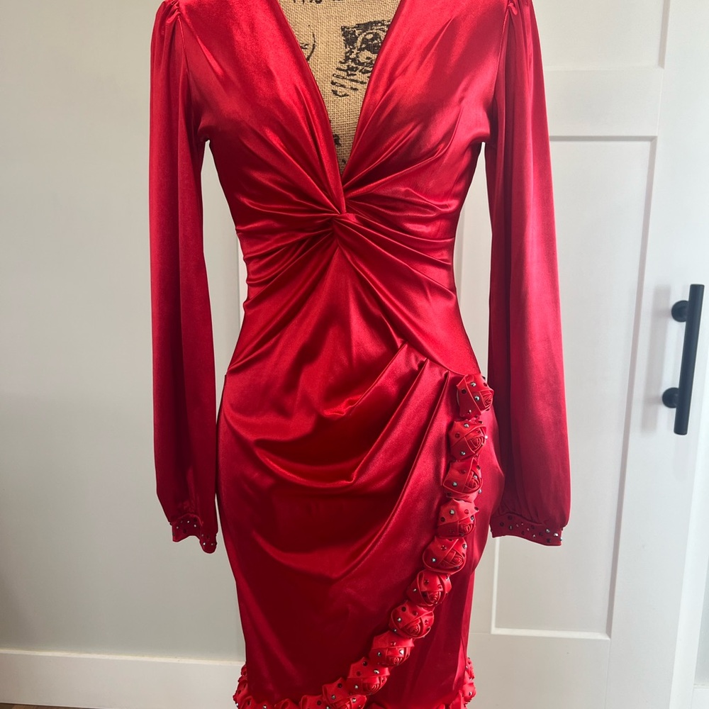 Red Satin Twist-Front Long Sleeve Derby Dress